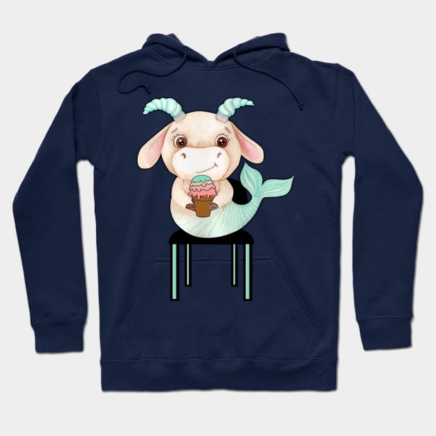 Kawaii Capricorn sitting on a chair and eating ice cream. Cute Capricorn gift idea Hoodie by alcoshirts